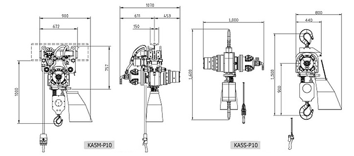 KA5-P10型氣動葫蘆尺寸參數圖